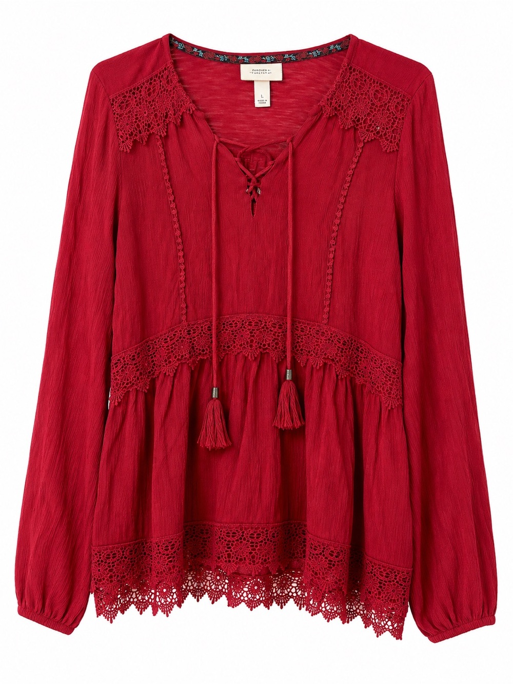 Knox Rose Red Crochet Tassel Peasant Blouse